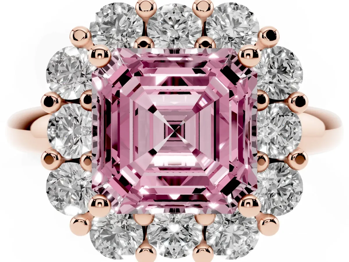 Fancy Pink Asscher Cut Halo Cluster Diamond Engagement Ring with Prong Setting and Polished Band Rose gold