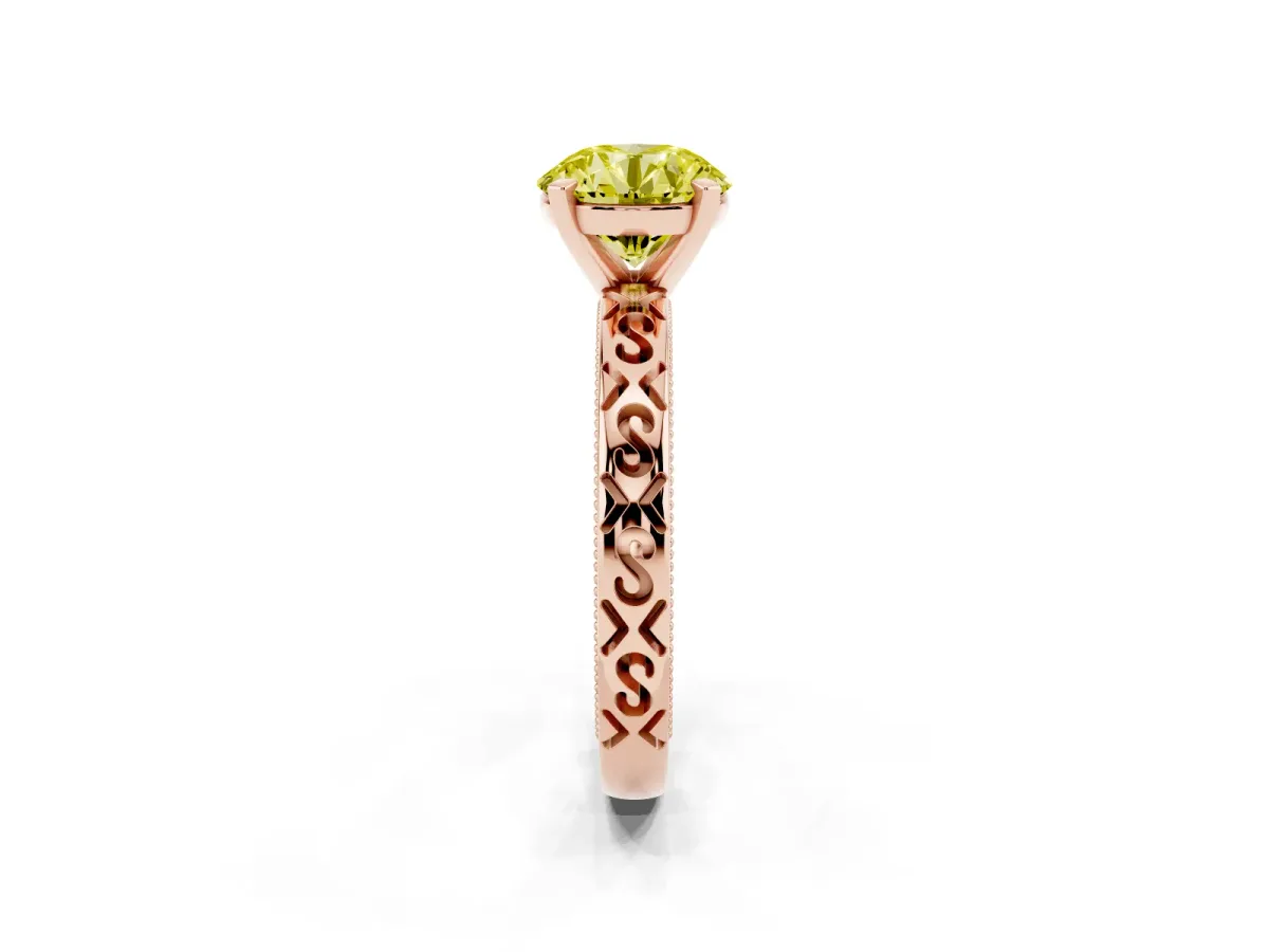 Fancy Yellow Round Cut Solitaire Engagement Ring with Scrollwork Band and Four-Prong Setting Rose gold