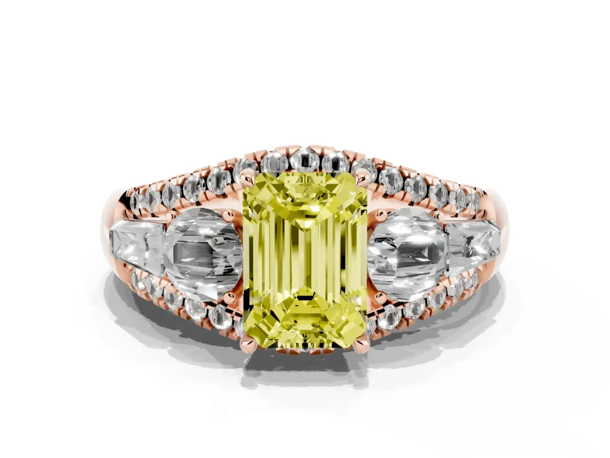 Fancy Yellow Three-Stone Emerald Cut Diamond Engagement Ring with Pave Band and Prong Setting Rose gold