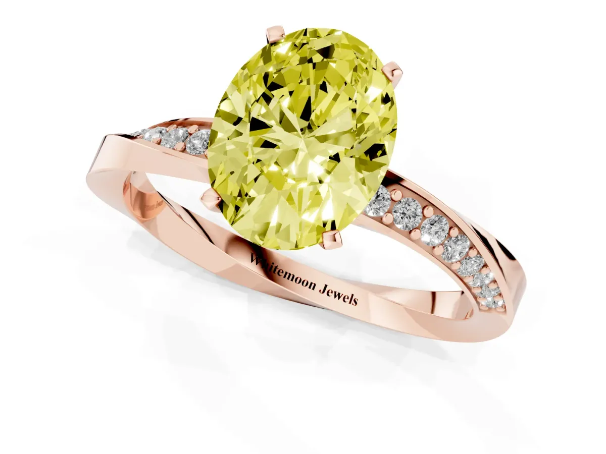 Fancy Yellow Oval Cut Diamond Engagement Ring with Side Stone Accents and Four-Prong Setting Rose gold