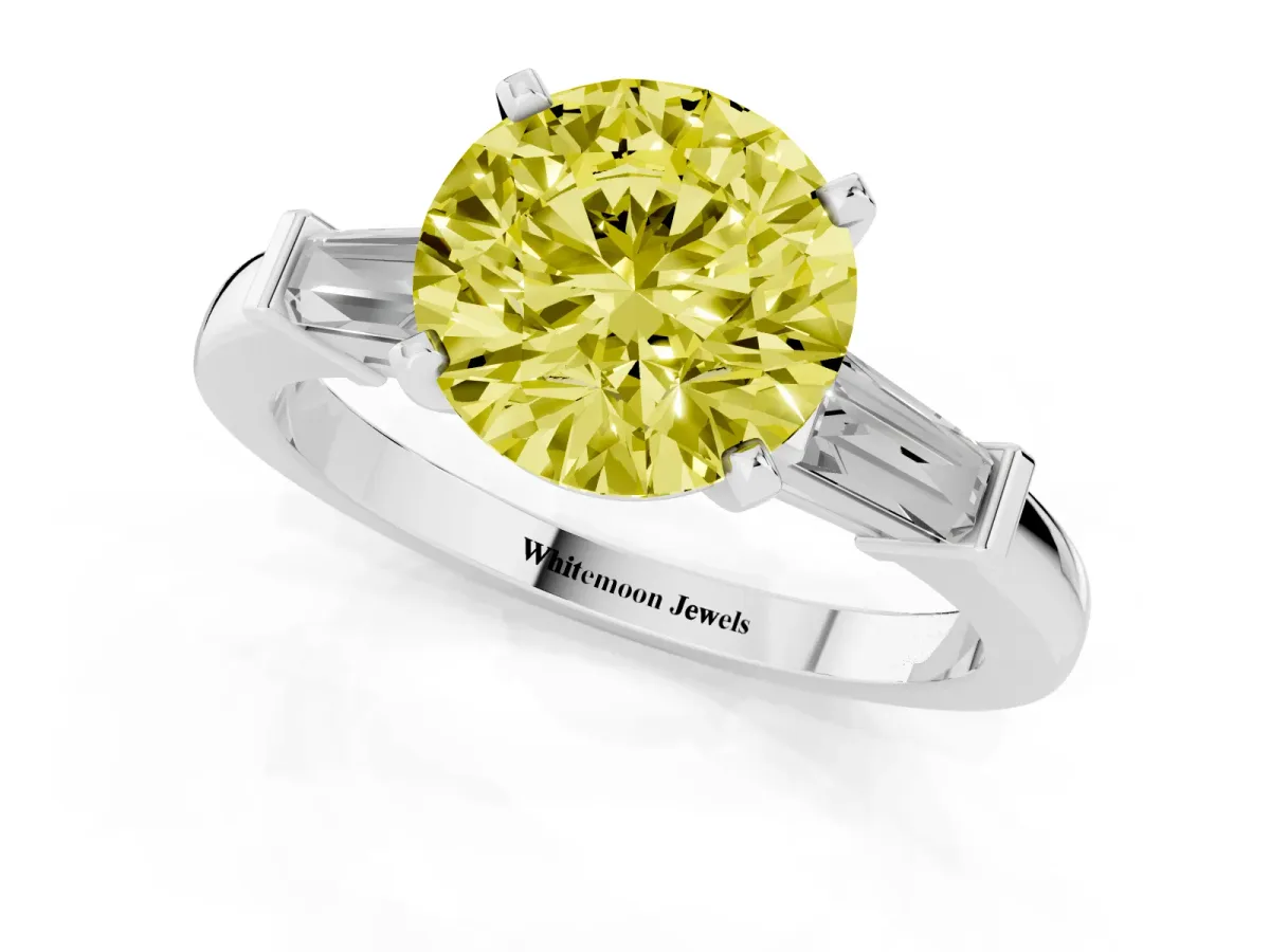 Fancy Yellow Round Cut Cut Diamond Solitaire Ring with Tapered Baguette Accents and Four-Prong Setting White gold