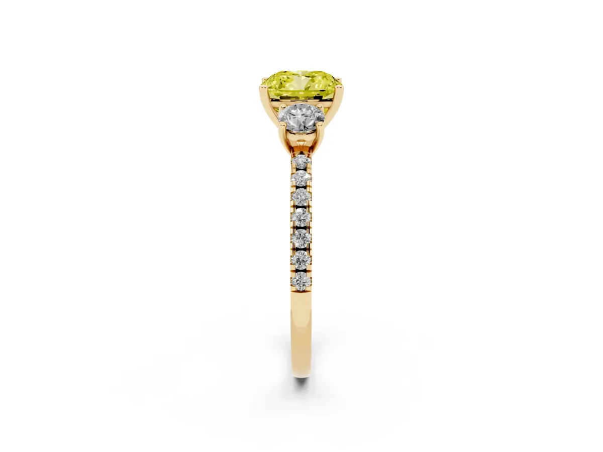 Fancy Yellow Three-Stone Cushion Cut Cut Diamond Pavé Band with Prong Setting Yellow gold