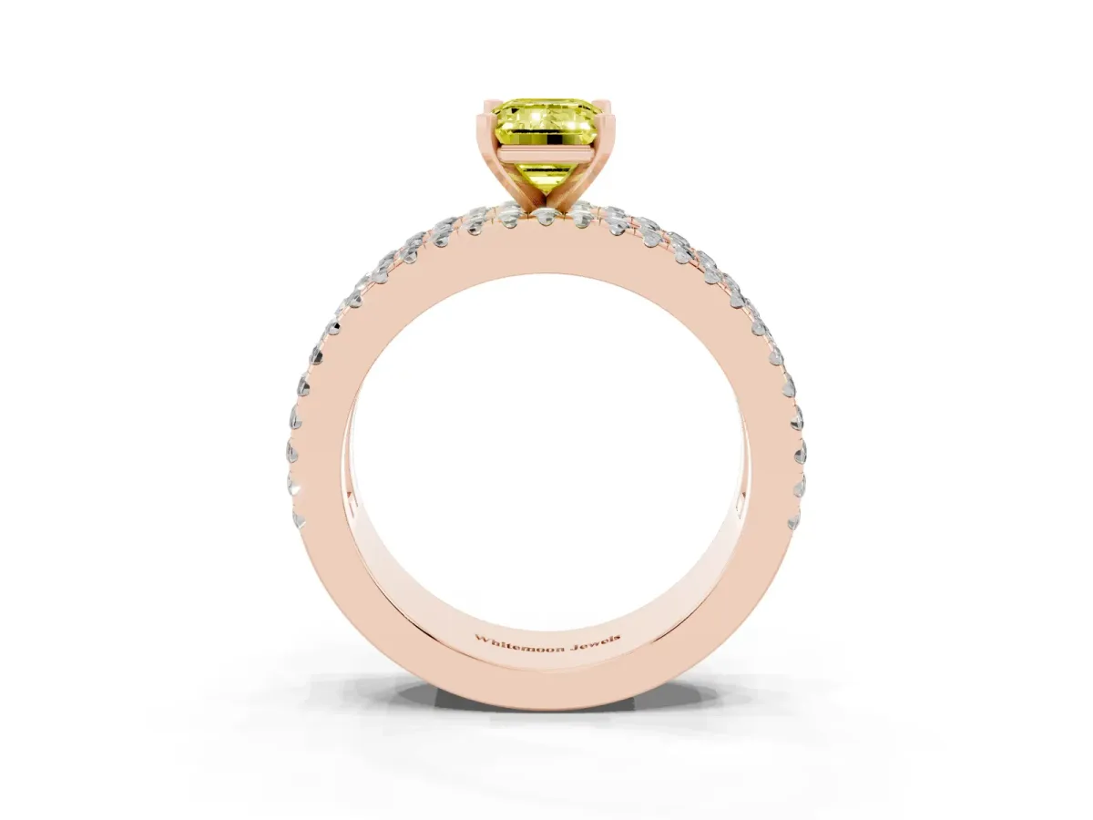 Fancy Yellow Emerald Cut Diamond Solitaire Ring with Pavé and Channel Set Band Rose gold