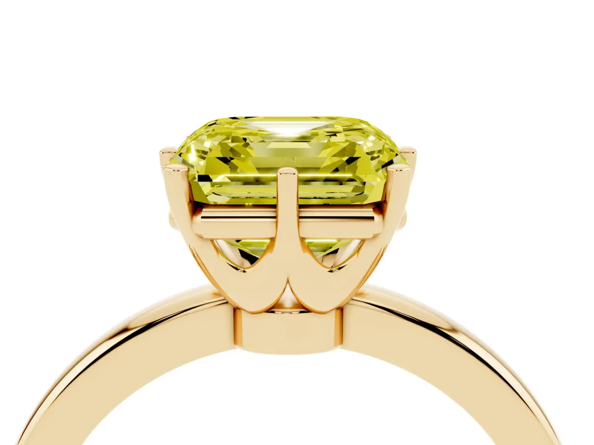 Fancy Yellow Asscher Cut Solitaire Diamond Ring with Six-Prong Setting on a Classic Band Yellow gold