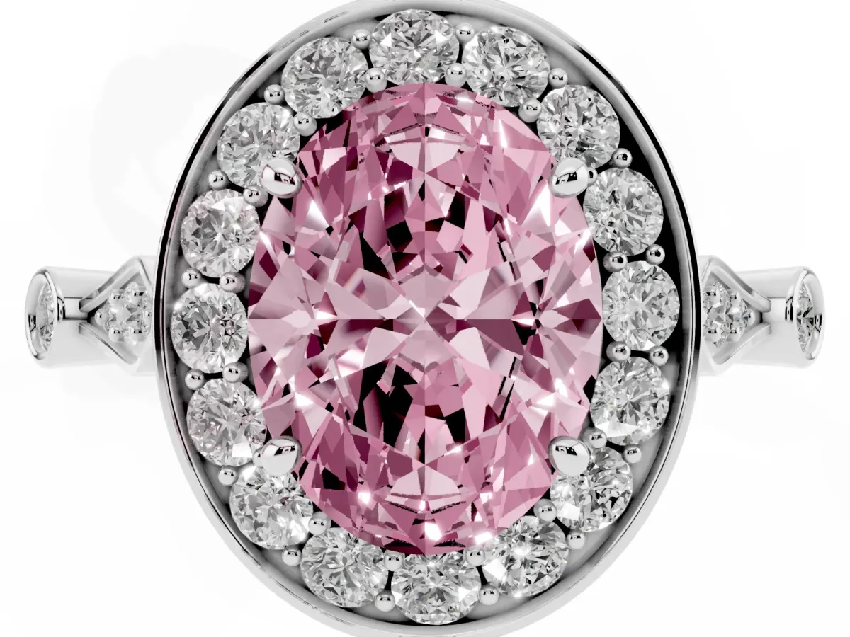 Fancy Pink Oval Cut Halo Diamond Engagement Ring with Twisted Band and Four-Prong Setting Silver