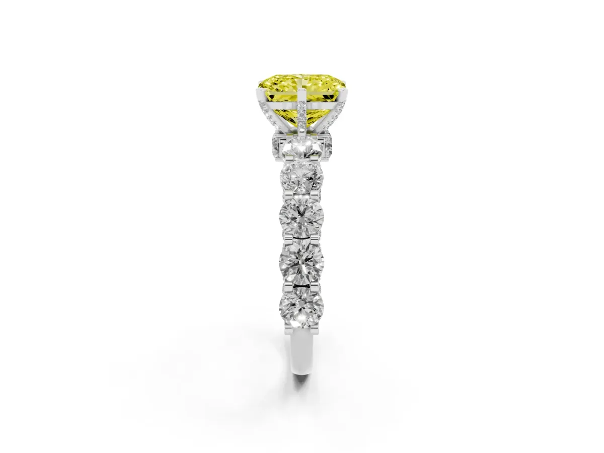 Fancy Yellow Radiant Cut Diamond Side Stone Engagement Ring with Four-Prong Setting Silver