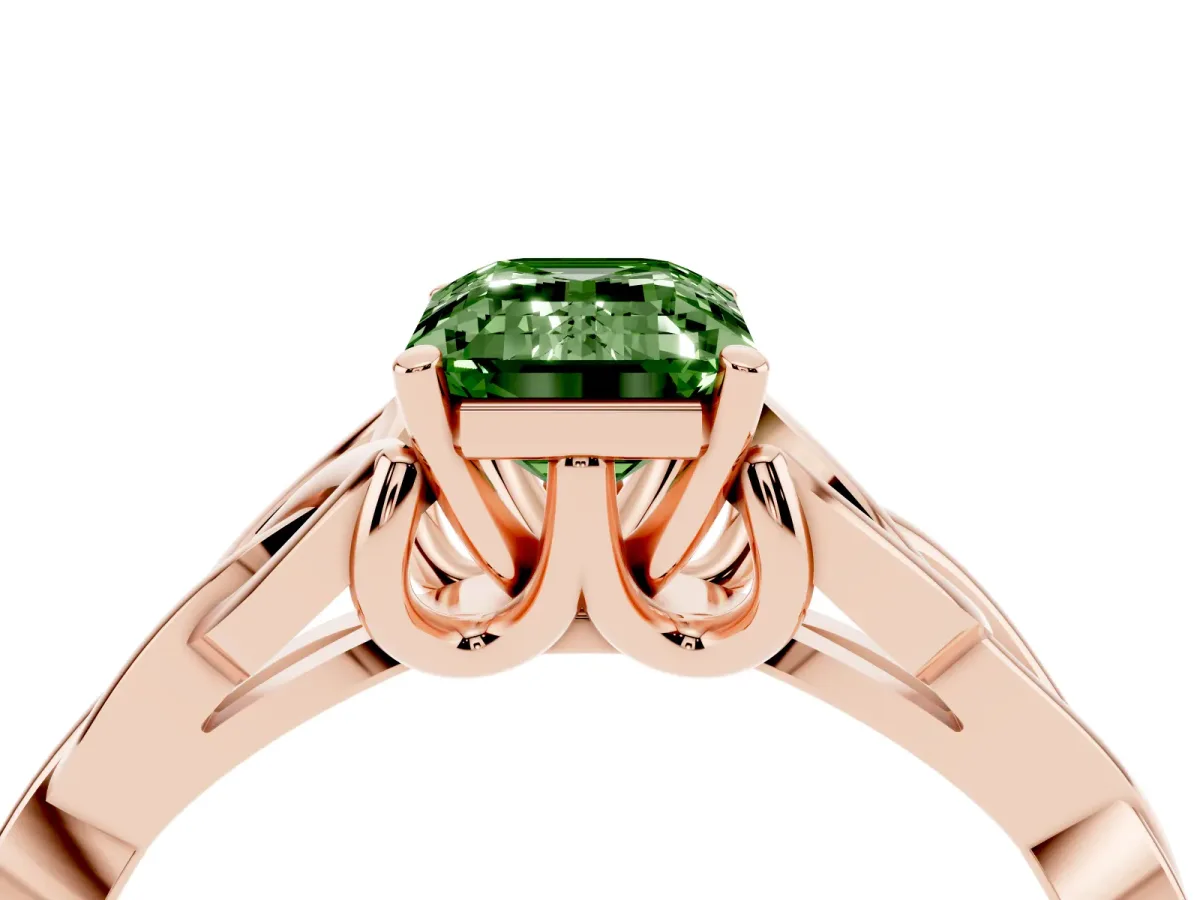 Fancy Green Emerald Cut Diamond Solitaire Engagement Ring with Celtic Knot Band and Four-Prong Setting Rose gold