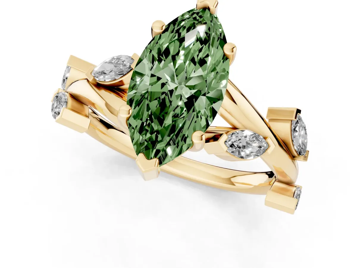 Fancy Green Marquise Cut Solitaire Twisted Band Marquise Accent Prong Setting Ring Yellow gold