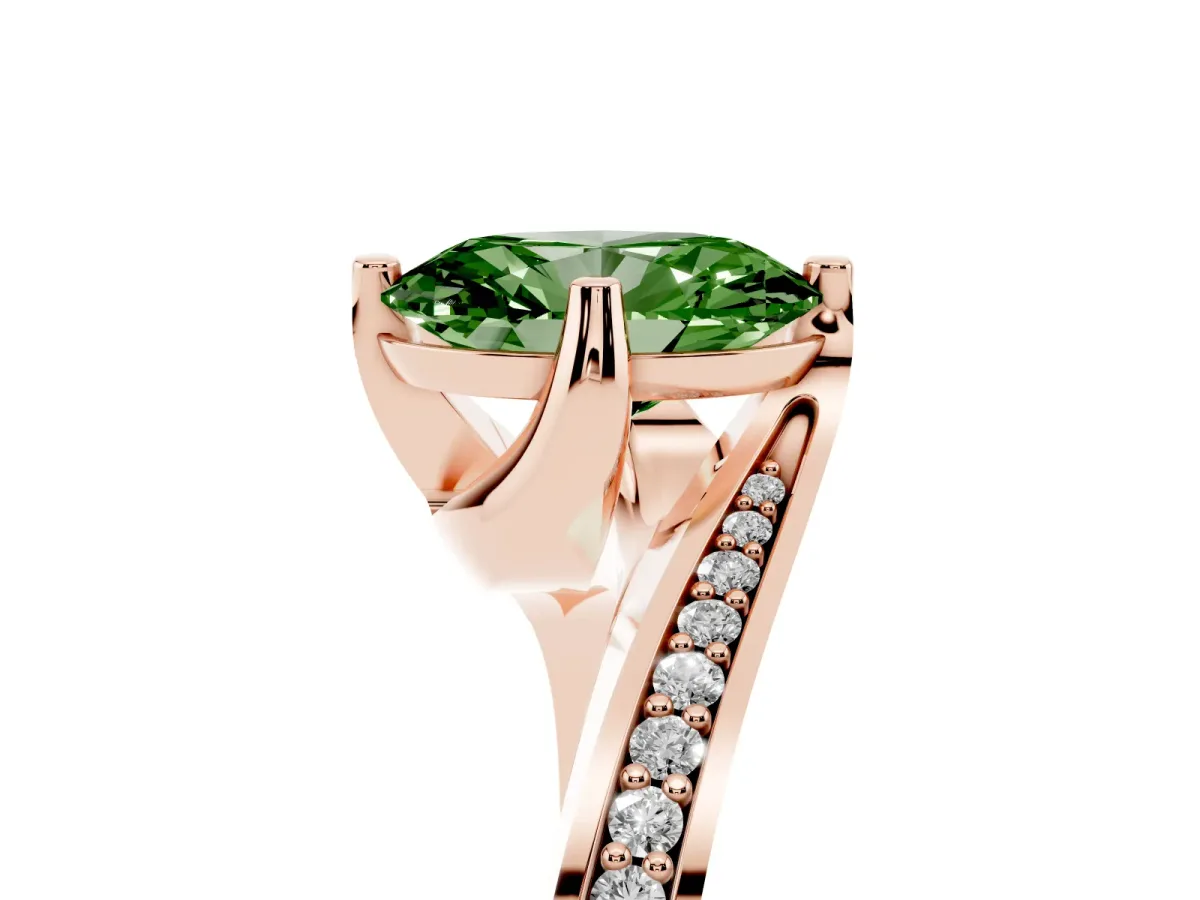 Fancy Green Oval Cut Solitaire Diamond Twist Band with Pavé Setting and Four-Prong Setting Rose gold