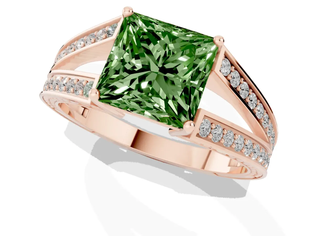 Fancy Green Princess Cut Diamond Split Shank Ring with Pavé Band and Four-Prong Setting Rose gold