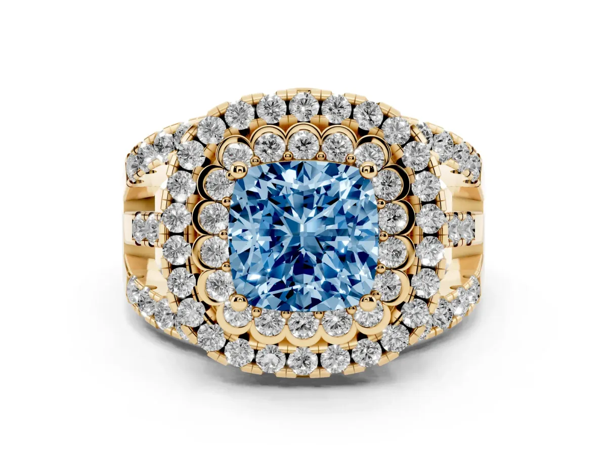 Fancy Blue Cushion Cut Diamond Double Halo Ring with Round Pavé Split Shank and Prong Setting Yellow gold
