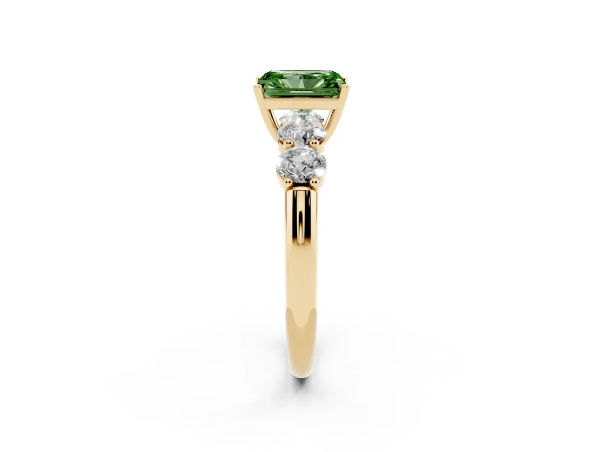 Fancy Green Radiant Cut Cut Five-Stone Prong Set Diamond Ring with Classic Band Yellow gold