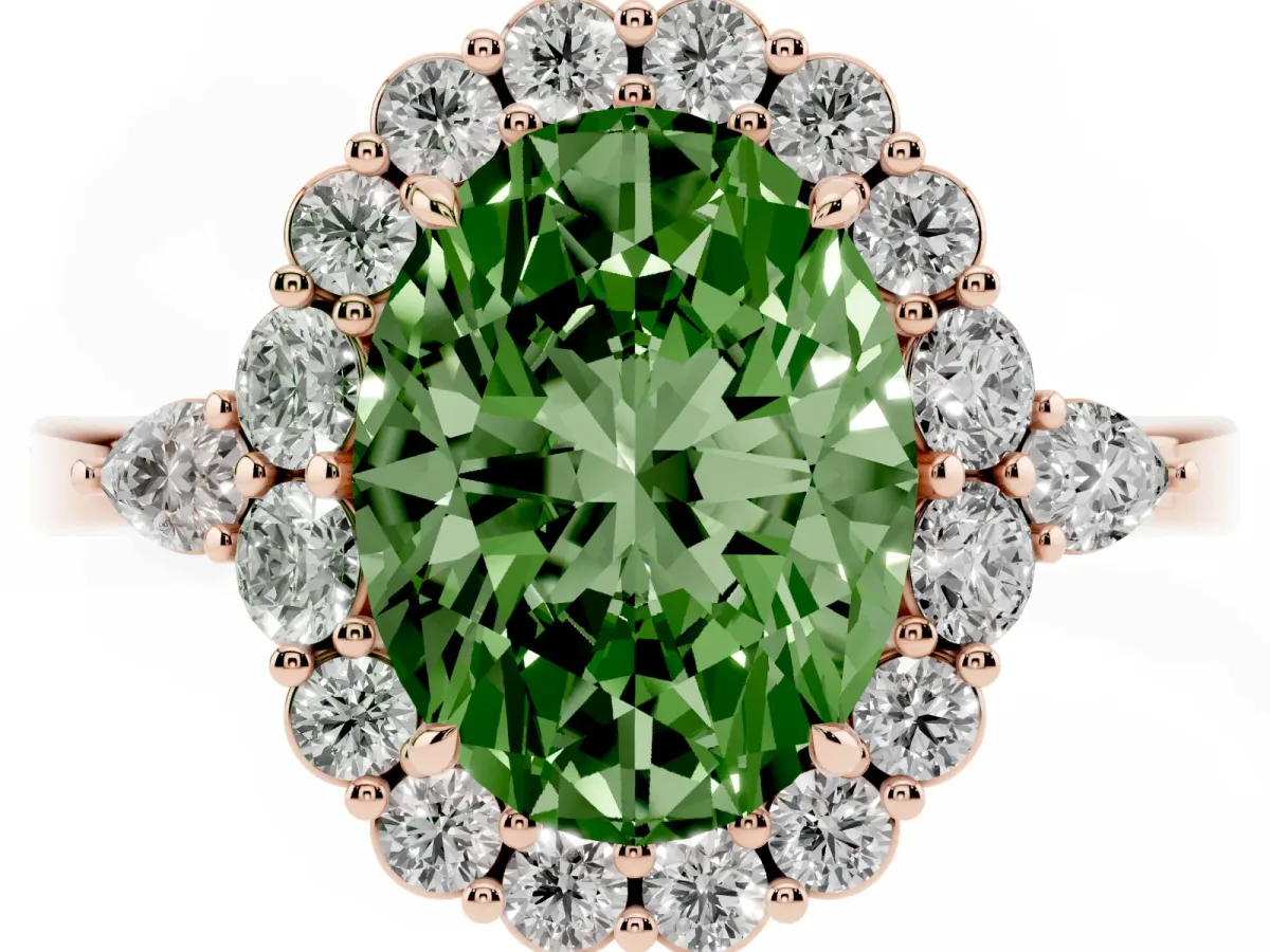Fancy Green Oval Cut Diamond Halo Ring with Pear Side Stones and Prong Setting Rose gold