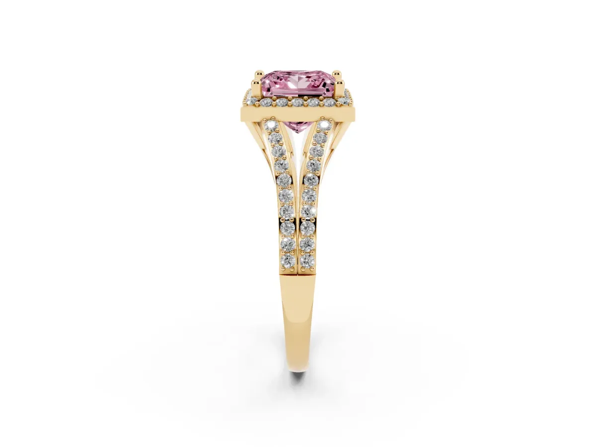 Fancy Pink Princess Cut Halo Split Shank Diamond Ring with Prong Setting Yellow gold