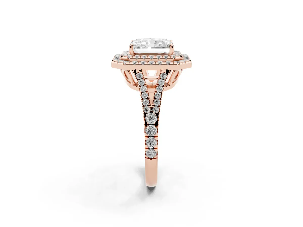 Radiant Cut Diamond Double Halo Ring with Pavé Band and Prong Setting Rose gold