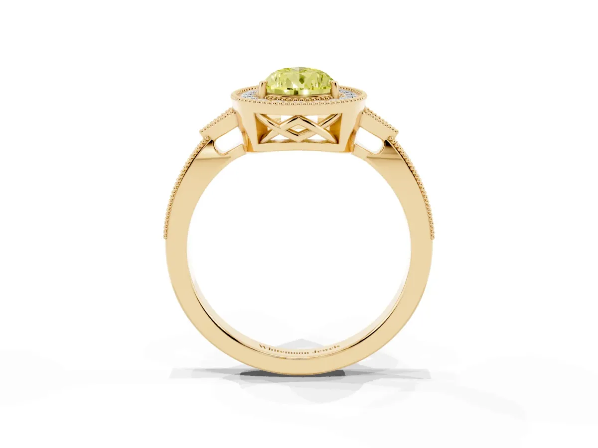 Fancy Yellow Pear Cut Halo Round Diamond Milgrain Pave Engagement Ring Yellow gold
