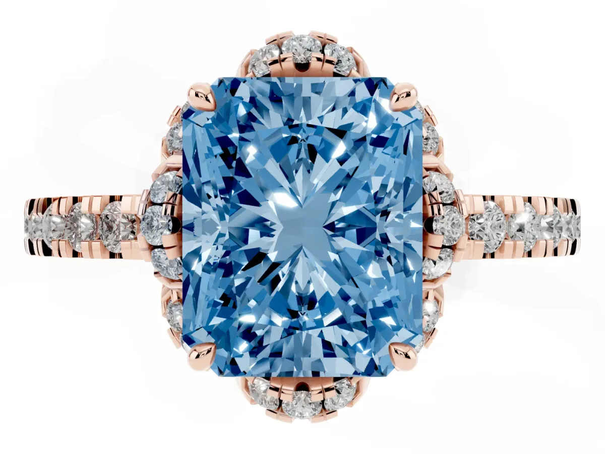 Fancy Blue Radiant Cut Halo Diamond Pave Band Ring with Four-Prong Setting Rose gold