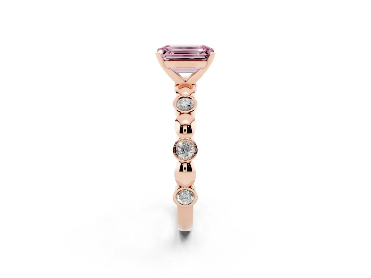 Fancy Pink Emerald Cut Solitaire Bezel-Set Diamond Ring with Beaded Band and Four-Prong Setting Rose gold