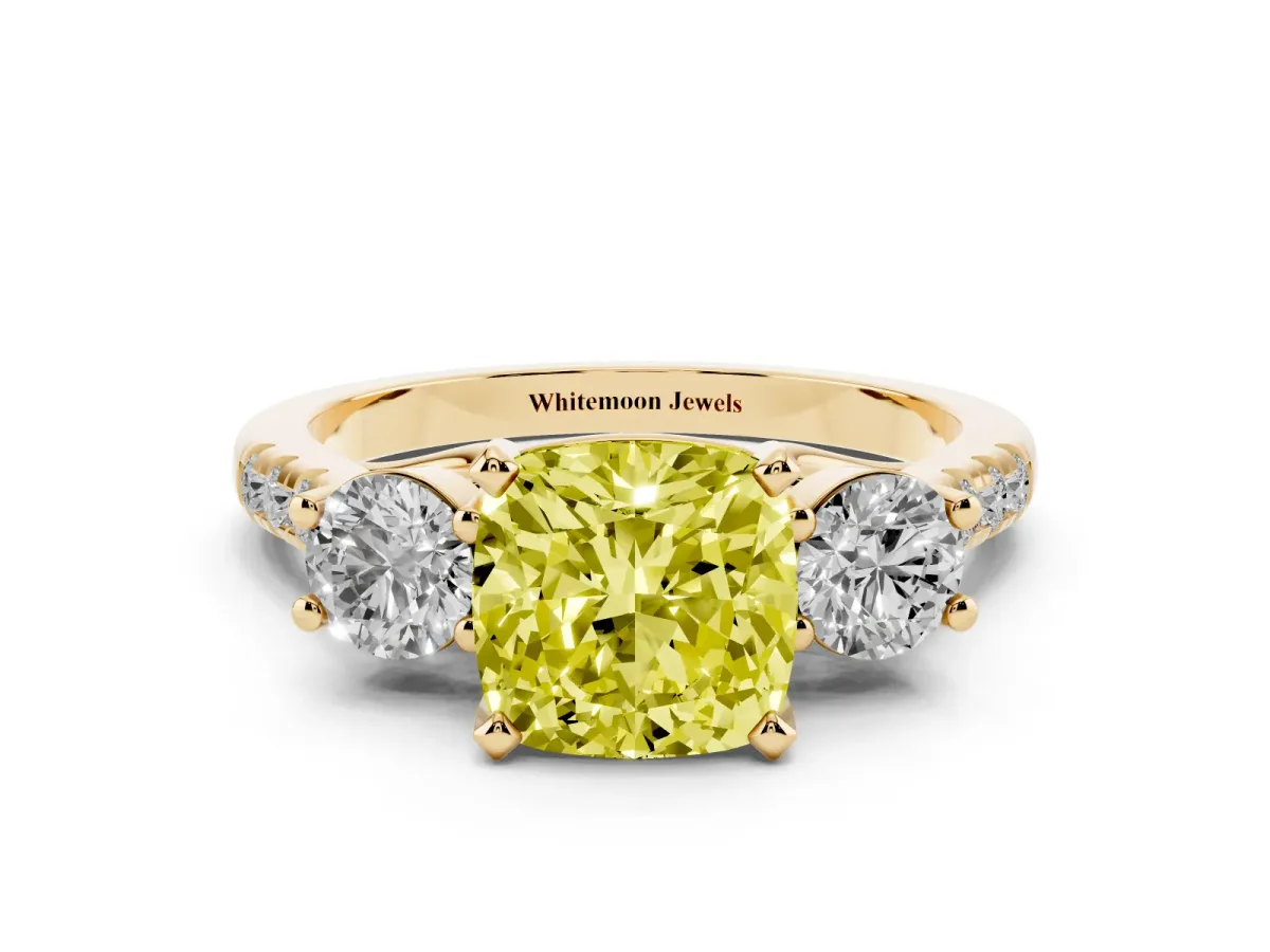 Fancy Yellow Three-Stone Cushion Cut Diamond Pavé Band with Four-Prong Setting Yellow gold