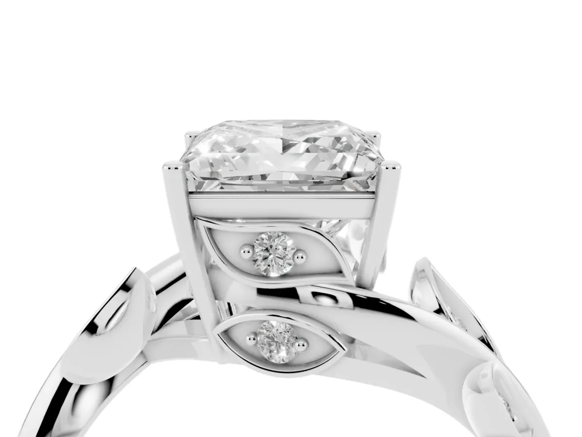 Princess Cut Solitaire Twist Engagement Ring with Leaf Accents and Prong Setting Silver
