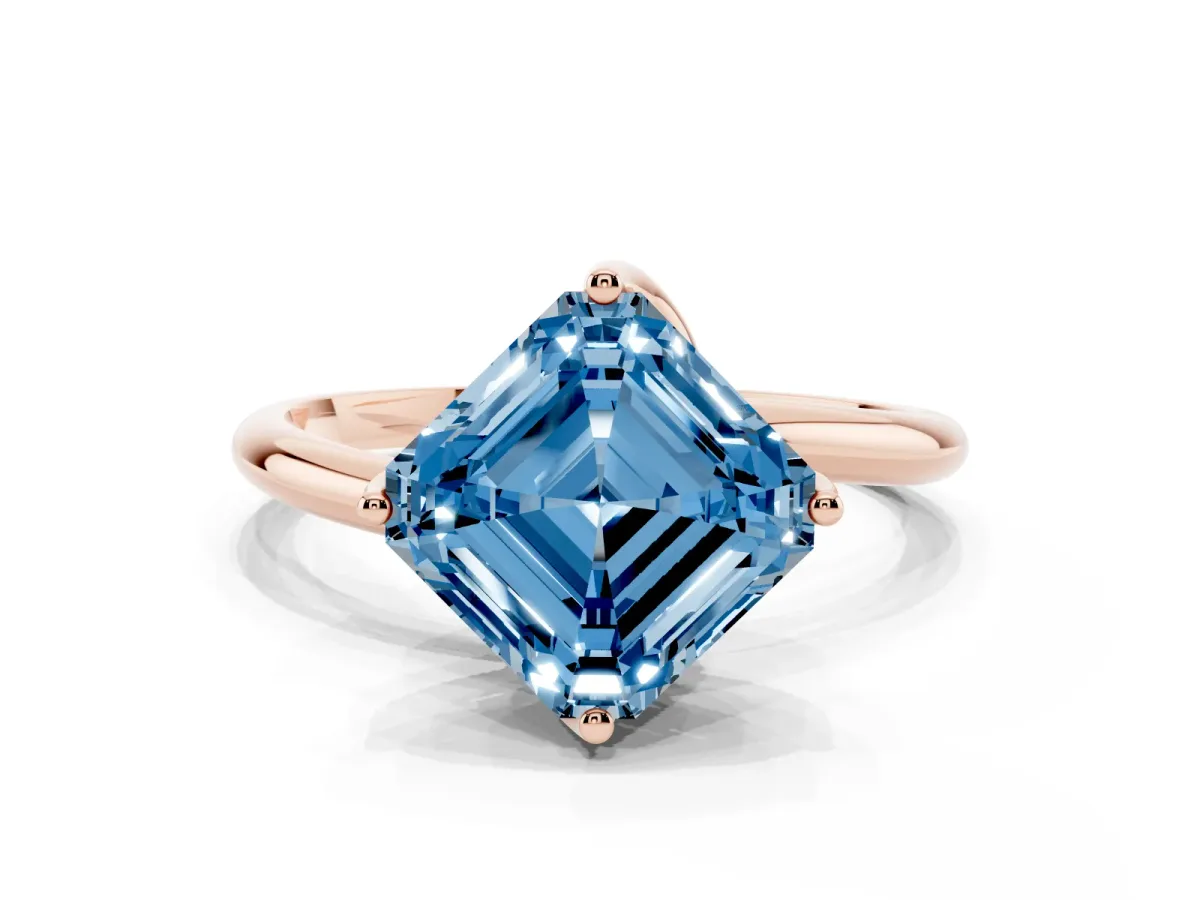 Fancy Blue Asscher Cut Diamond Solitaire Engagement Ring with Four-Prong Setting and Classic Band Rose gold