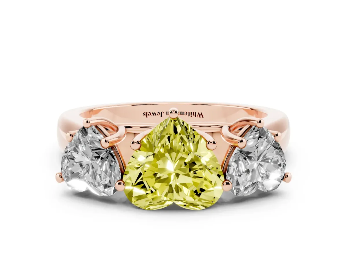 Fancy Yellow Heart Cut Three-Stone Diamond Ring with Prong Setting on a Classic Band Rose gold