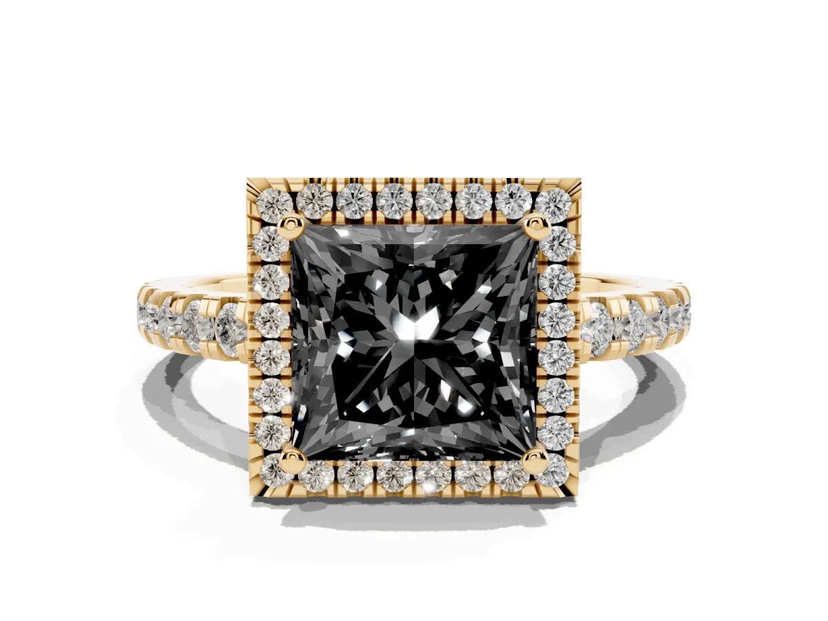 Fancy Black Princess Cut Diamond Halo Ring with Pavé Band and Four-Prong Setting Yellow gold