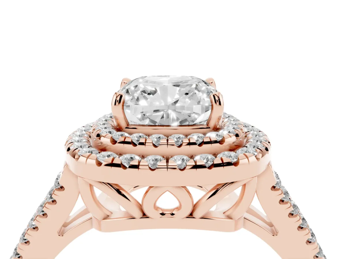 Cushion Cut Diamond Double Halo Ring with Pavé Band and Prong Setting Rose gold