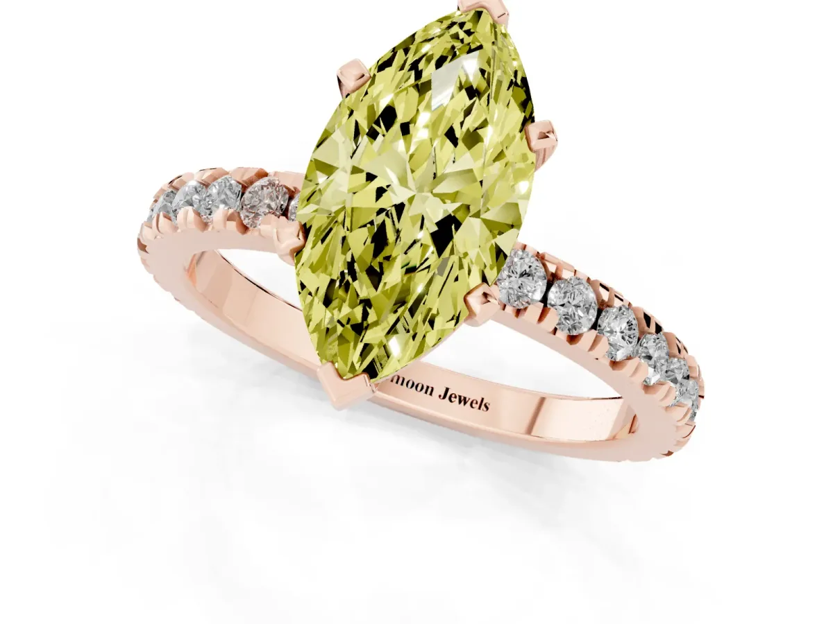 Fancy Yellow Marquise Cut Diamond Pavé Band Solitaire with Four-Prong Setting Rose gold