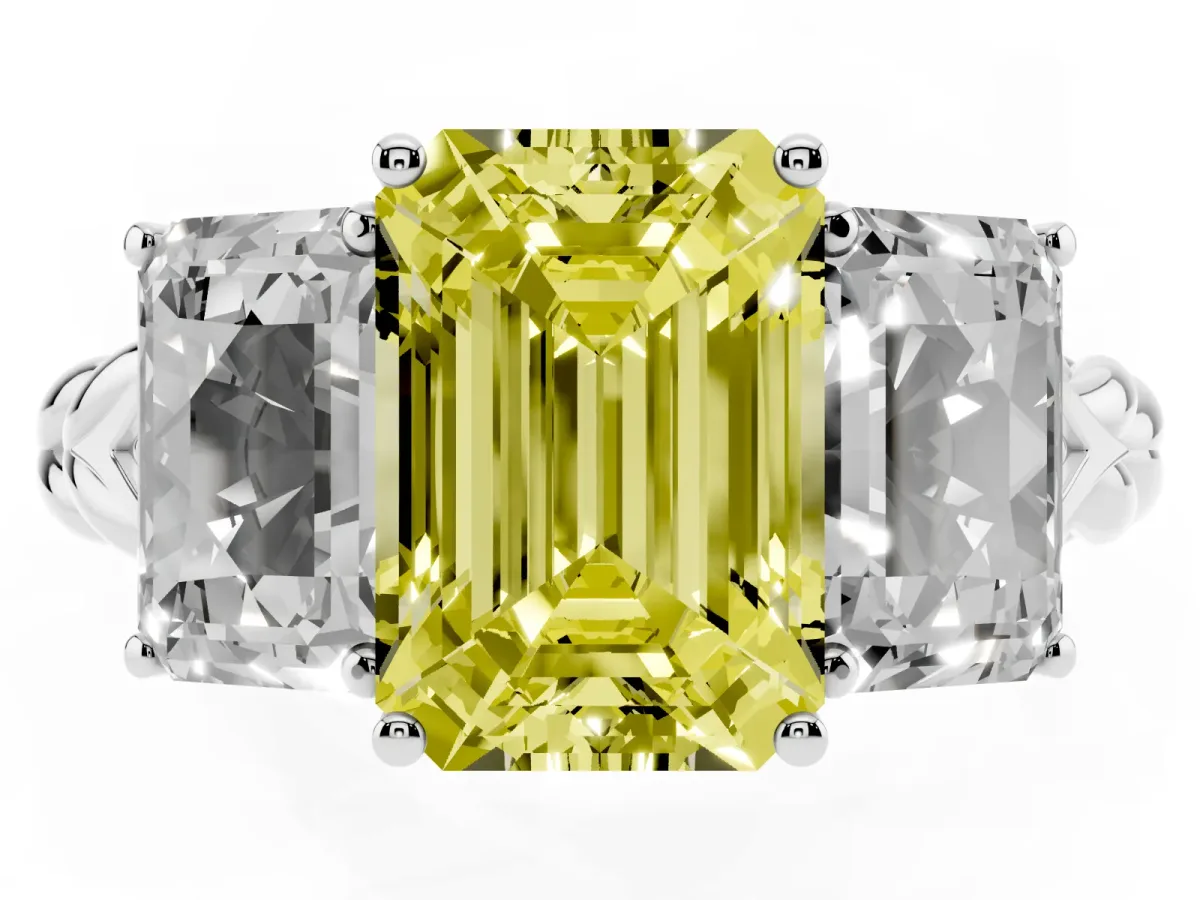 Fancy Yellow Three-Stone Radiant Cut Diamond Braided Band Ring with Four-Prong Setting Silver