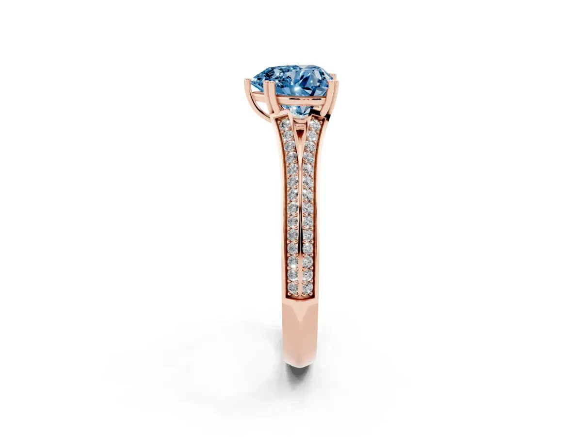 Fancy Blue Heart Cut Diamond Split Shank Engagement Ring with Pavé Band Rose gold