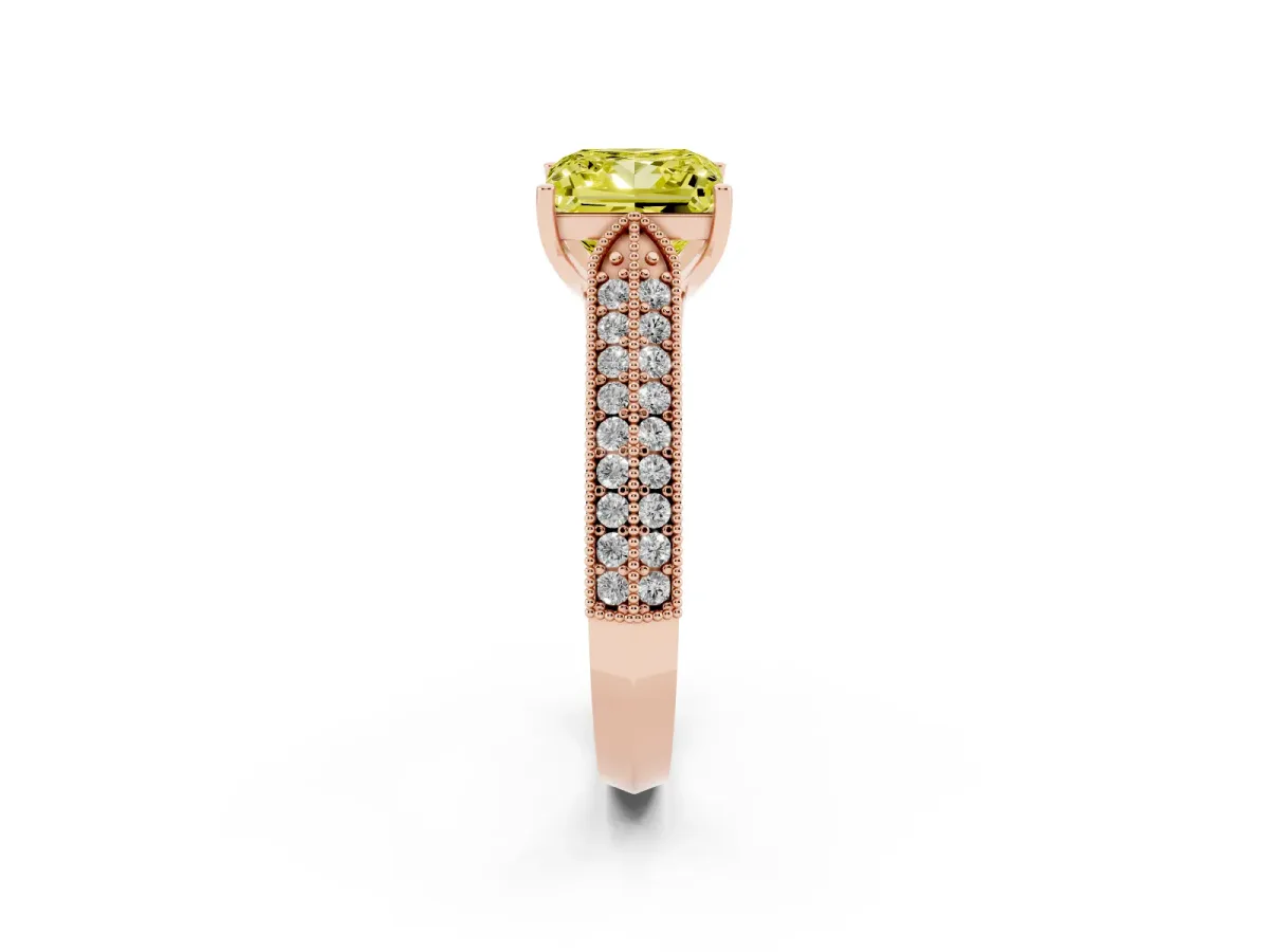 Fancy Yellow Princess Cut Cut Pave Split Shank Engagement Ring with Four-Prong Setting Rose gold