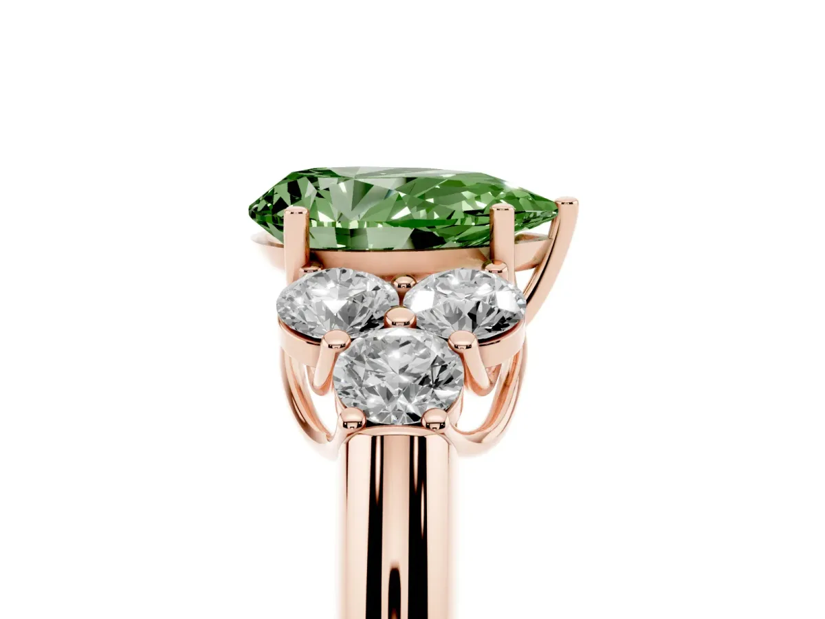 Fancy Green Pear Cut Cut Diamond Cluster Ring with Round Accent Stones and Prong Setting on a Classic Band Rose gold
