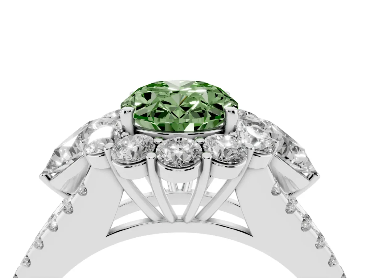 Fancy Green Oval Cut Halo Split Shank Diamond Engagement Ring with Prong Setting Platinum