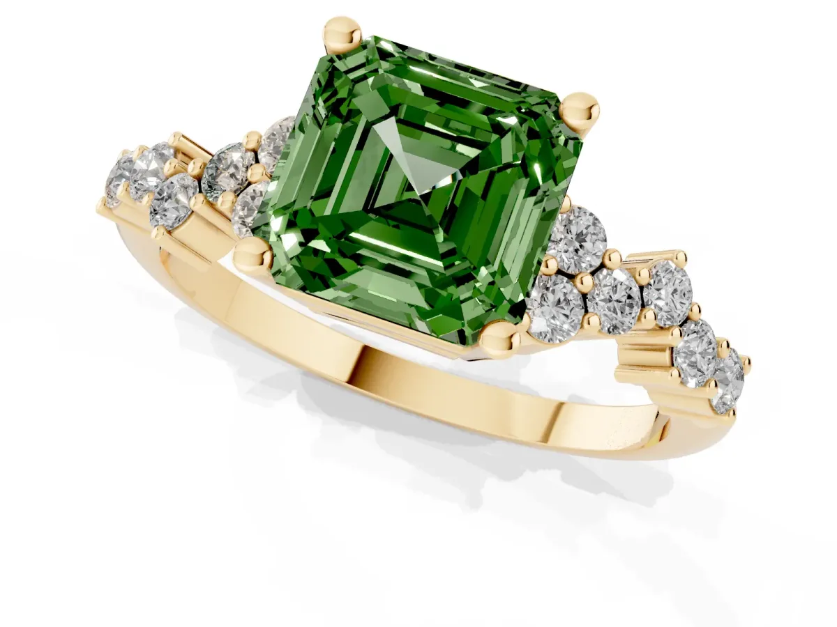 Fancy Green Asscher Cut Diamond Scattered Round Accent Ring with Prong Setting Yellow gold
