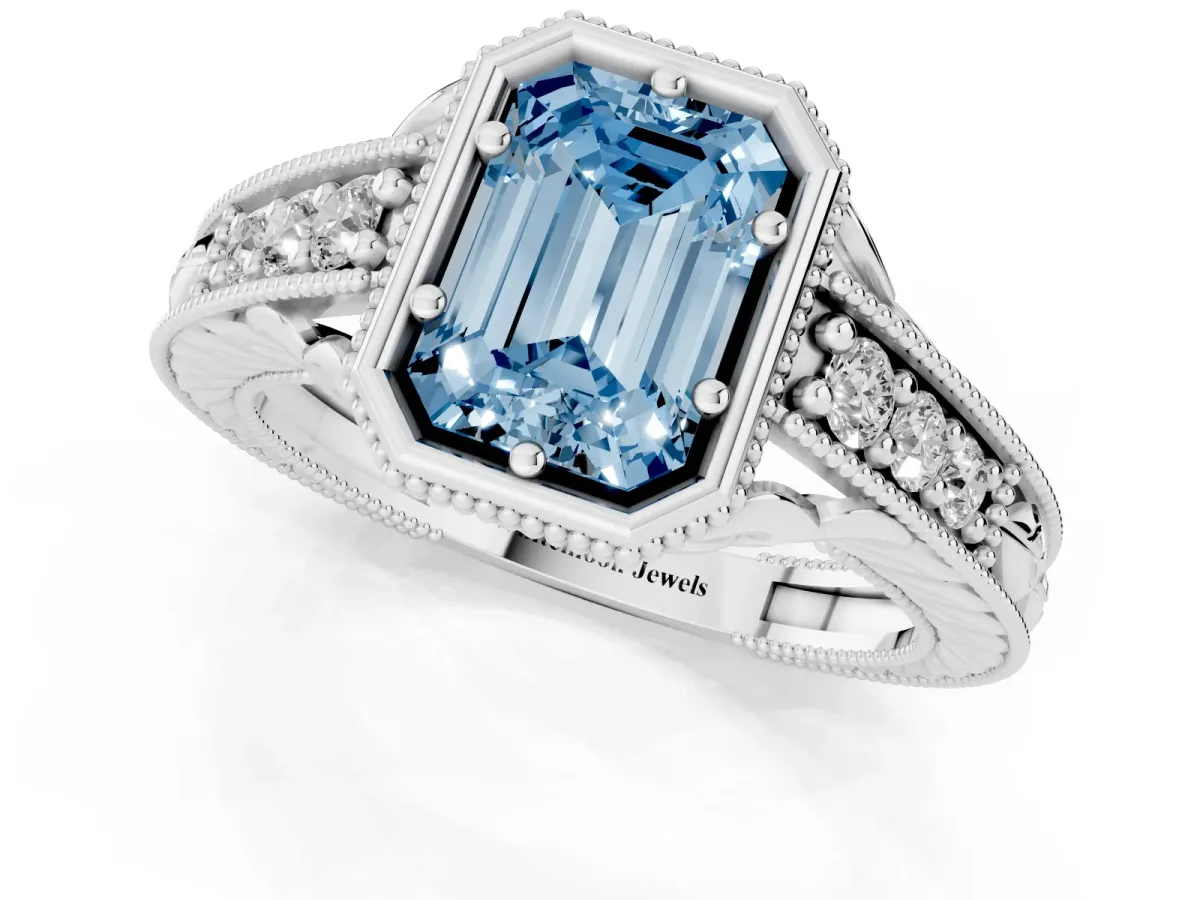 Fancy Blue Bezel Set Emerald Cut Diamond Milgrain Pave Engagement Ring Platinum