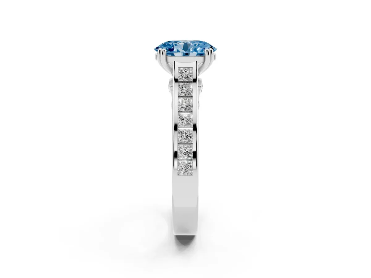 Fancy Blue Oval Cut Cut Channel Set Solitaire Engagement Ring with Prong Setting Silver