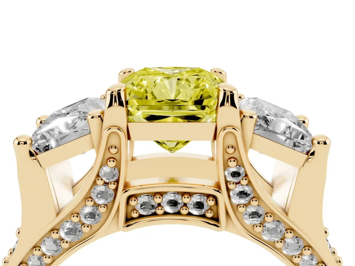Fancy Yellow Radiant Cut Diamond Three-Stone Ring with Channel Set Band and Four-Prong Setting Yellow gold