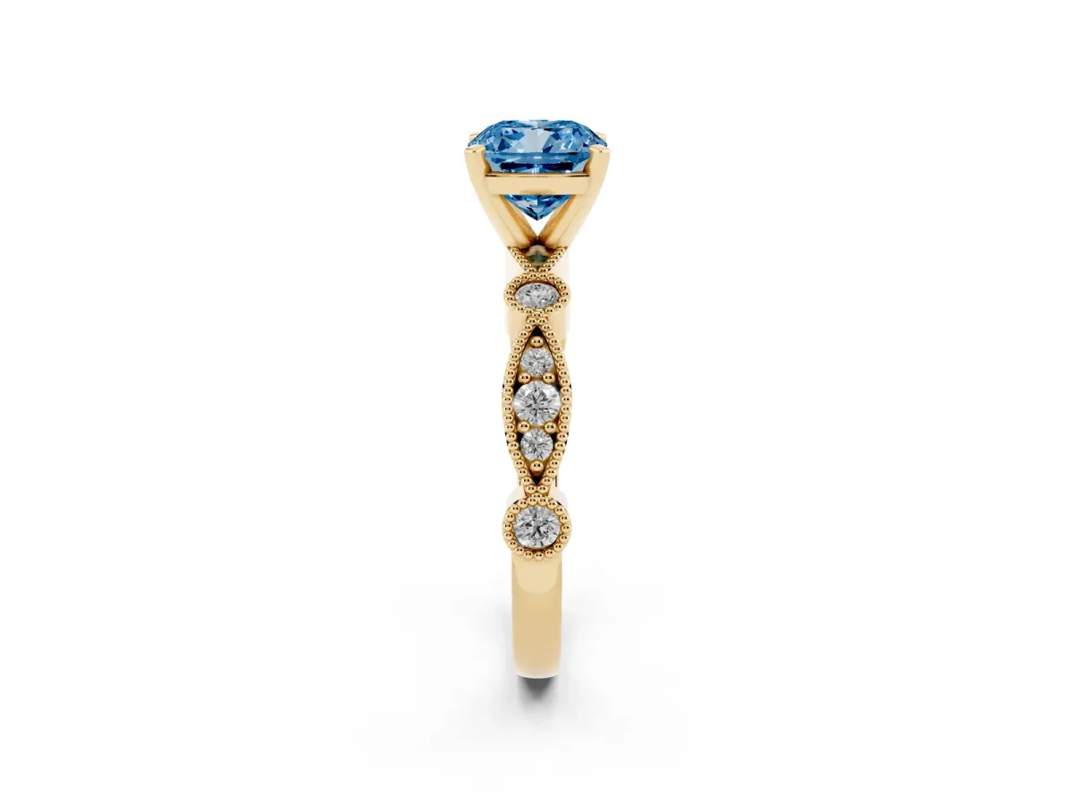 Fancy Blue Cushion Cut Milgrain Bezel Diamond Engagement Ring with Solitaire Prong Setting Yellow gold