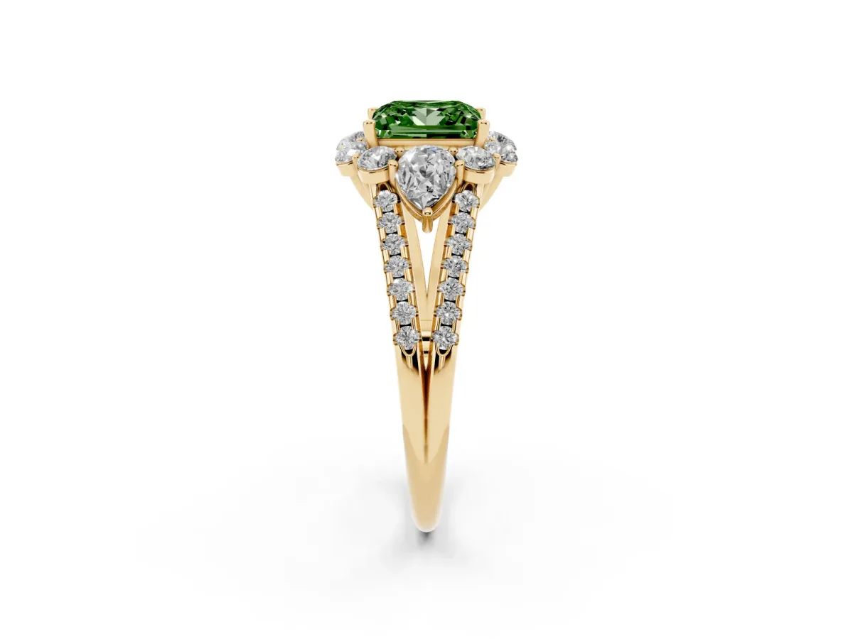 Fancy Green Princess Cut Halo Split Shank Diamond Engagement Ring with Prong Setting Yellow gold