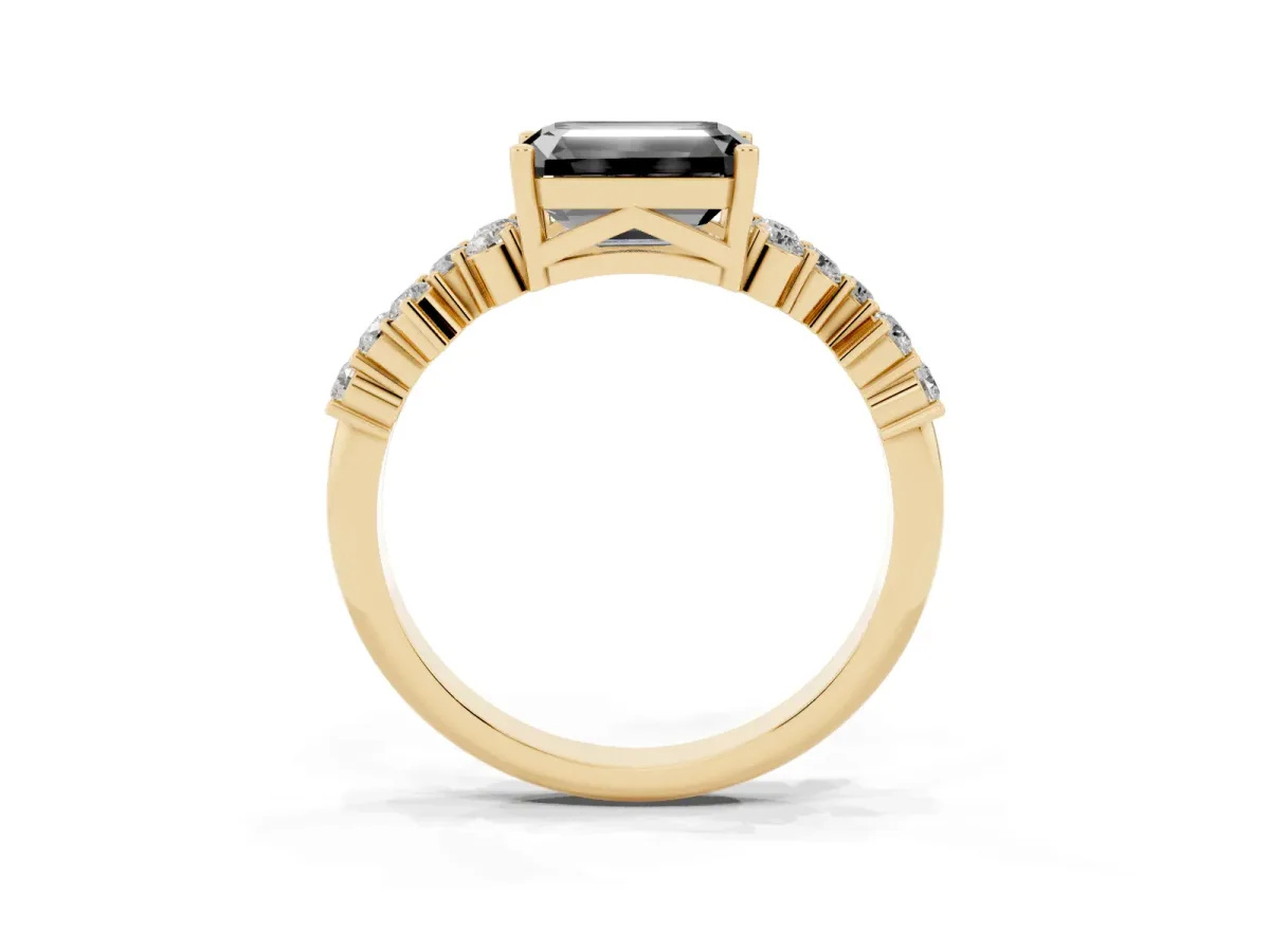 Fancy Black Emerald Cut Diamond Scattered Round Accent Ring with Prong Setting Yellow gold