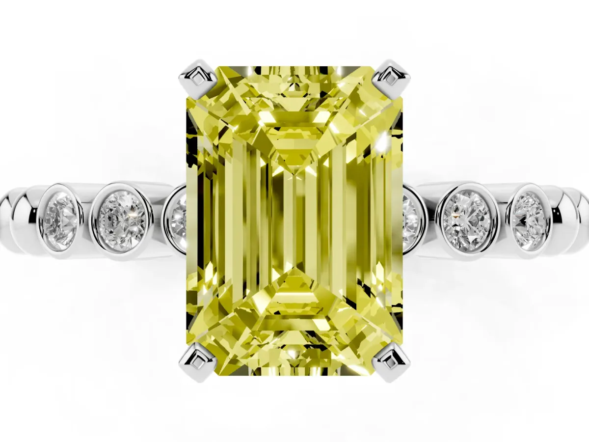 Fancy Yellow Emerald Cut Solitaire Bezel Accent Diamond Engagement Ring with Beaded Band and Four-Prong Setting White gold