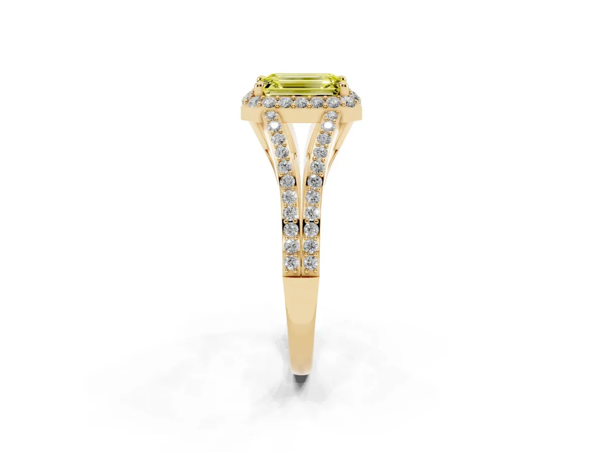Fancy Yellow Emerald Cut Halo Split Shank Diamond Ring with Prong Setting Yellow gold