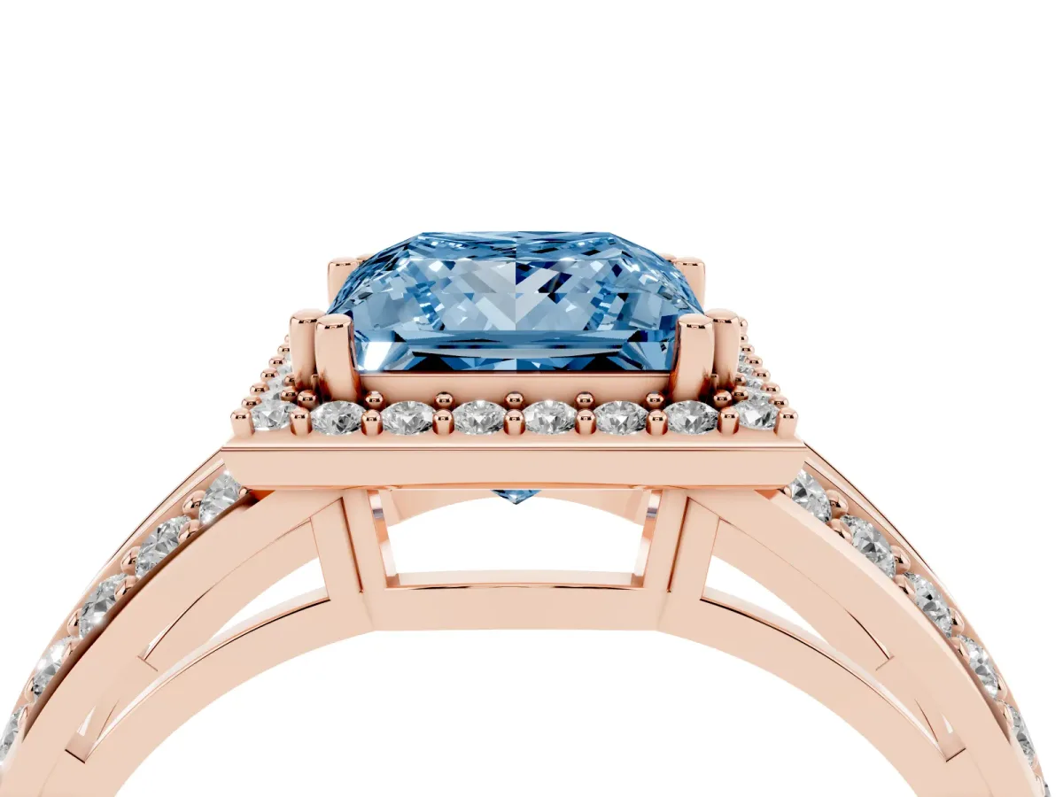 Fancy Blue Princess Cut Diamond Halo Ring with Split Shank Pavé Band and Four-Prong Setting Rose gold