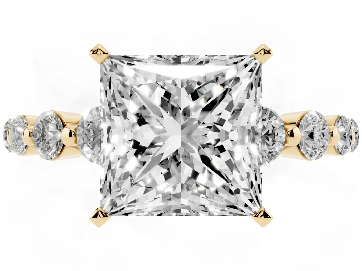 Princess Cut Solitaire Diamond Ring with Pave Band and Four-Prong Setting Yellow gold