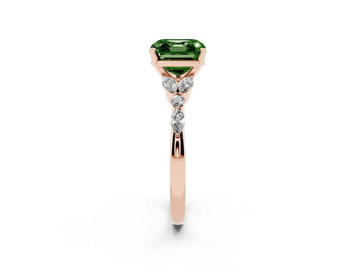 Fancy Green Asscher Cut Diamond Solitaire Ring with Side Stones and Four-Prong Setting Rose gold