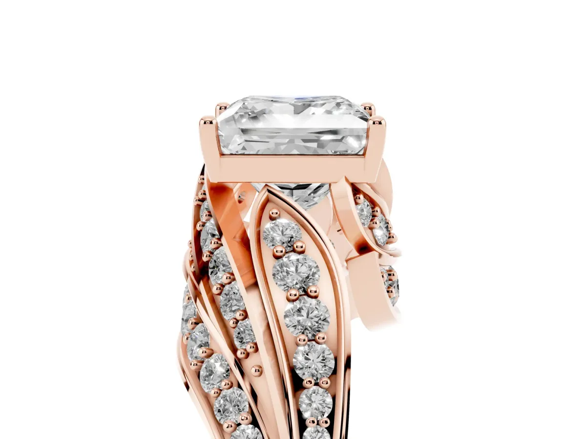 Princess Cut Diamond Solitaire Ring with Prong Setting and Twisted Pavé Band Rose gold