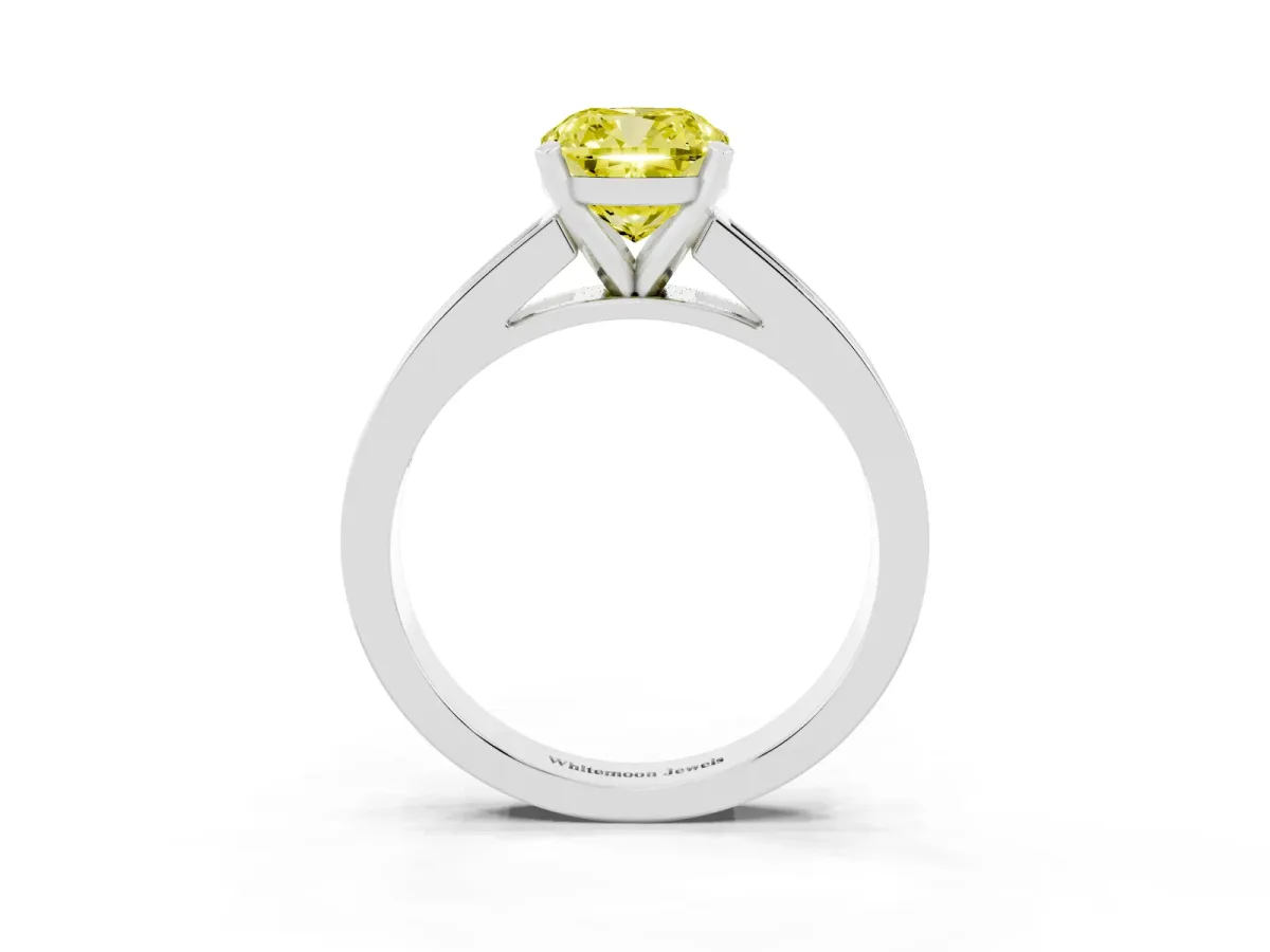 Fancy Yellow Cushion Cut Solitaire Diamond Ring with Channel-Set Band and Four-Prong Setting White gold