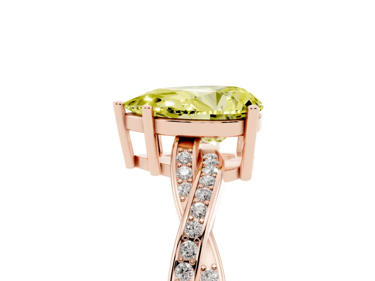 Fancy Yellow Pear Cut Solitaire Twisted Pave Diamond Ring with Four-Prong Setting Rose gold