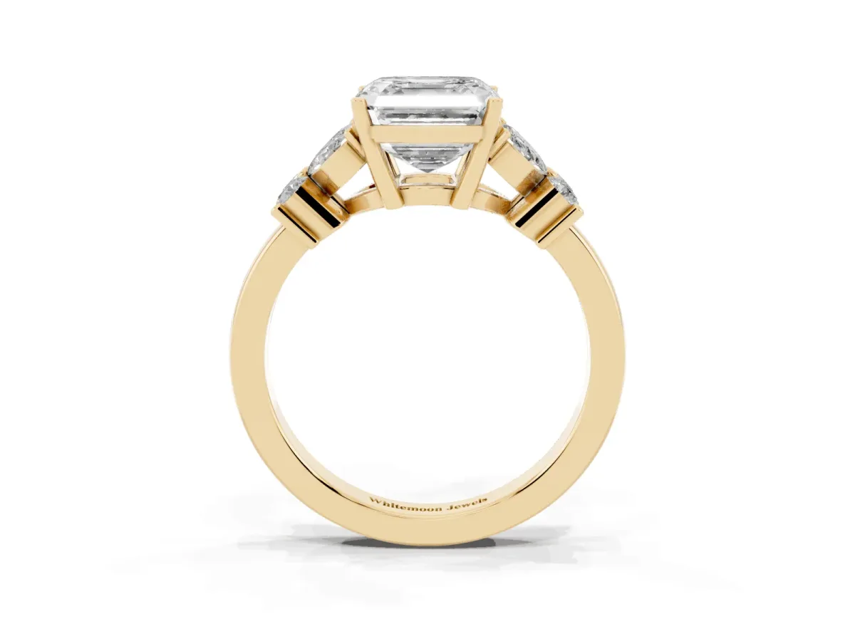 Asscher Cut Diamond Floral Cluster Ring with Solitaire Band and Prong Setting Yellow gold